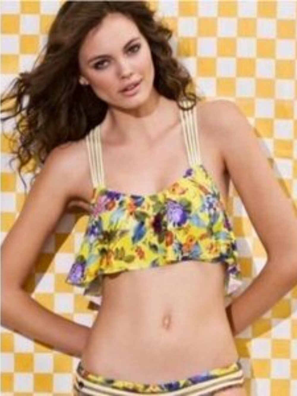 MAAJI Bikini Top Womens‎ Small Yellow Floral Ruffle Racerback Strappy Swim